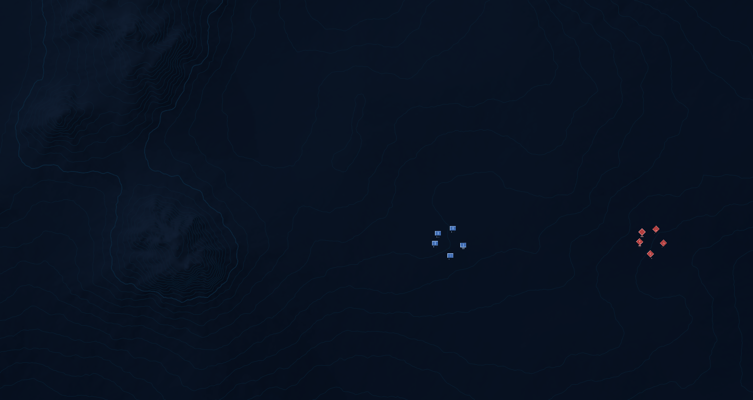 Tactical map showing terrain contour lines in the upper left, a cluster of blue friendly unit icons in the centre, and red enemy contact icons on the right against the dark map background